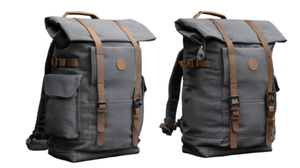 Gray canvas backpack, two views.  Leather straps, multiple pockets