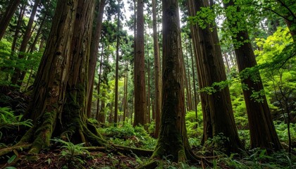 Fototapeta premium Lush forest floor, towering trees, green canopy