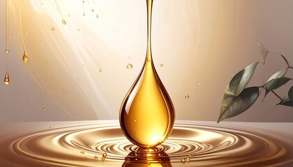 Golden liquid droplet,  radiant light,  flowing,  and ripples.  A large, teardrop-shaped golden liquid droplet hangs in midair,  with smaller droplets  falling around it. 