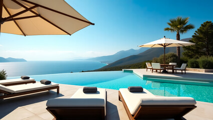 A serene infinity pool overlooks a vast blue ocean with distant mountains under a clear sunny sky offering ultimate relaxation and luxury vacation vibes