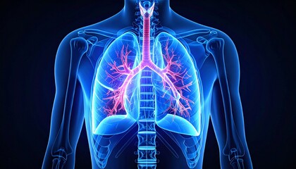 human Lungs Anatomy, glowing, transparent on black, Generated with AI.