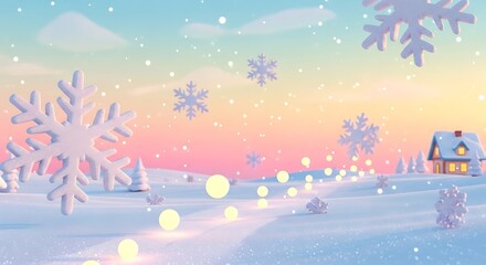 Naklejka premium Winter wonderland with snowflakes and cozy cabin