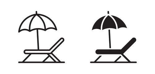 Beach lounge chair with umbrella vector icon set.