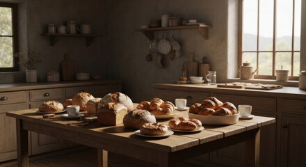 Rustic kitchen interior, wooden table laden with baked goods, warm sunlight streams through window