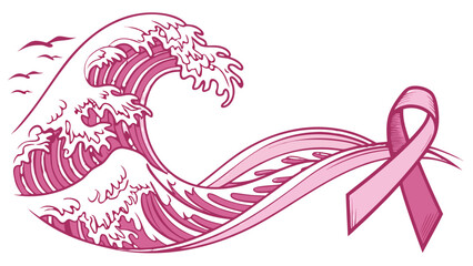 Obraz premium Pink ribbon flowing with a wave and birds symbolizing breast cancer awareness and support campaign theme art