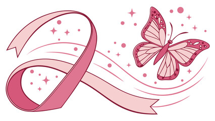 Pink ribbon intertwined with a butterfly and stars, symbolizing hope and support for breast cancer awareness