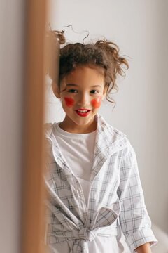 Cute preteen girl paints lips in front of the mirror at home. Little girl imitating mother. Vertical image