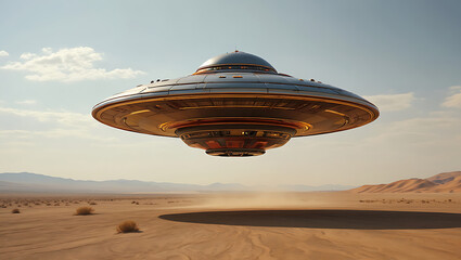 Fototapeta premium A mysterious ufo hovers silently over a barren desert landscape under a clear sky, creating an otherworldly scene