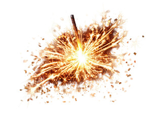 Bright, fiery sparkler explodes outwards, with golden-orange trails and light splatters