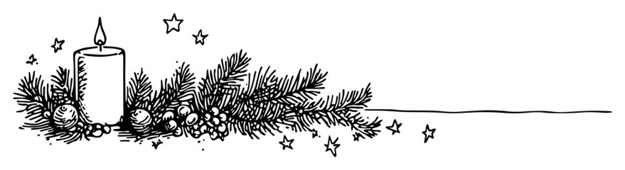 christmas candle border with stars baubles and pine twigs in line art © Kaz