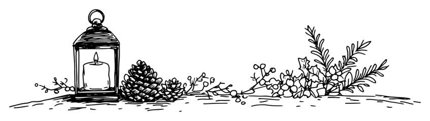 christmas border with lantern pinecones and berries in hand drawn style © Kaz