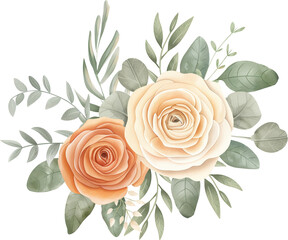 Watercolor floral composition with peach and cream ranunculus flowers, buds, and green leaves on transparent background. Perfect bouquet for wedding invitations, stationery, and packaging design.