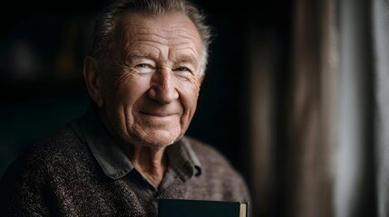 Contented elderly man smiling gently while holding a book like object representing wisdom and lifelong achievements in a warmly lit indoor setting
