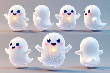 Fototapeta premium Cute Ghost Characters with Blue Eyes and Glowing Bodies