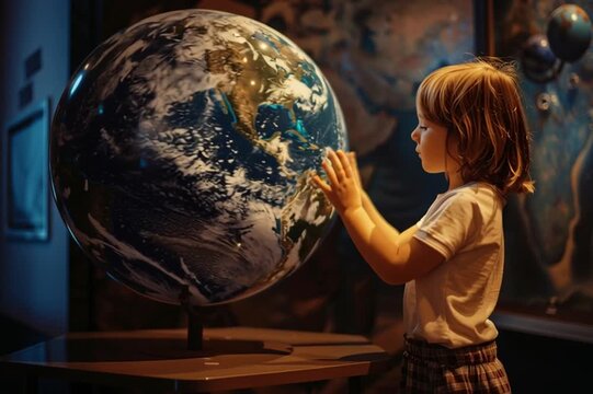 Little girl examining a large globus the Earth during visiting a science museum. Primary school age child exploring of model globe the planet Earth on planetarium or exhibition
