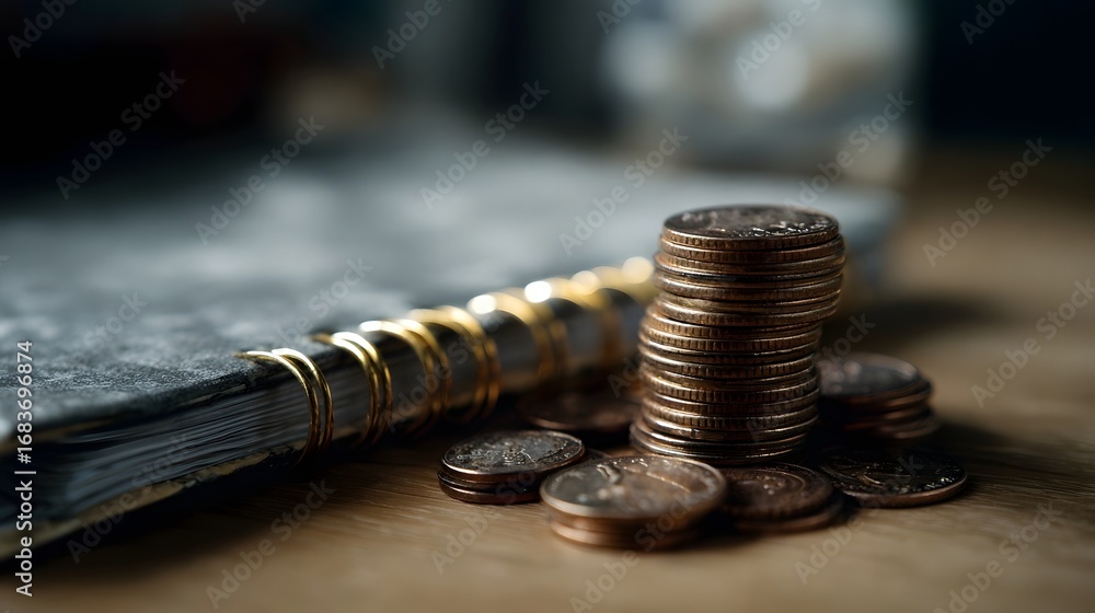 Poster a close up view of stacked and scattered coins next to a spiral bound notebook on a wooden desk symb