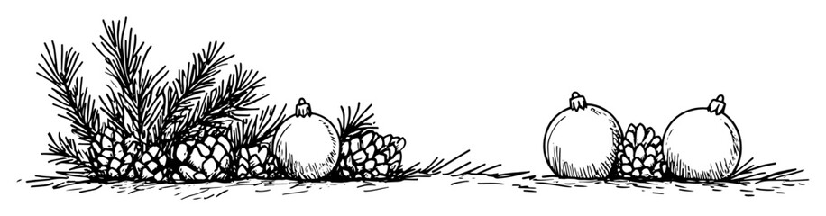 christmas border with pinecones baubles and pine twigs in line art