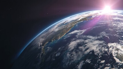Obraz premium Aerial view of Earth from space with sunlight illuminating land and oceans,