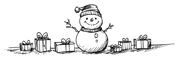christmas snowman with gift boxes in hand drawn outline style