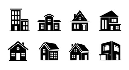 Fototapeta premium A collection of architectural silhouettes, offering a diverse array of house designs, rendered in stark black against a clean, minimal backdrop. vector illustration