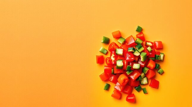 Colorful Medley of Diced Red and Green Peppers on a Vibrant Orange Background