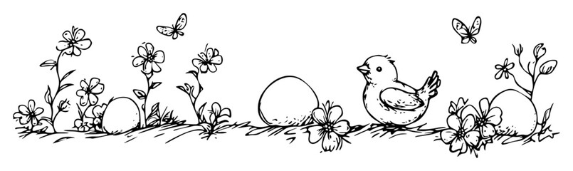 easter scene with chick flowers and eggs in outline vector