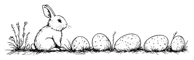 easter bunny with eggs and grass in hand drawn outline style