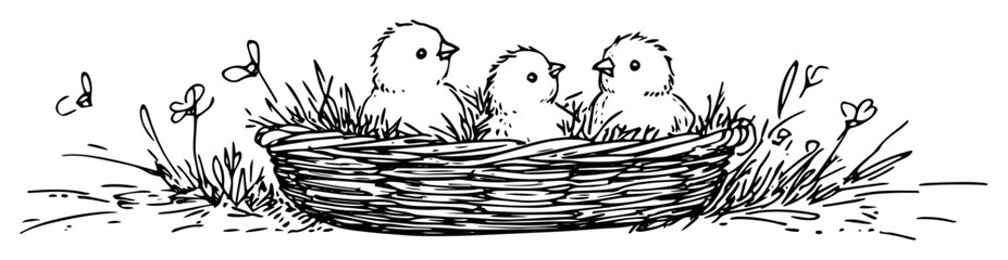 easter nest with cute chicks and flowers in hand drawn style