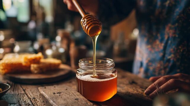 Person drizzling honey from dipper into glass jar on wooden table  