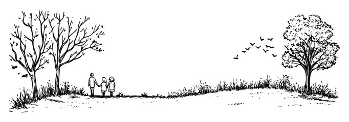 Fototapeta premium family in nature with trees and birds in hand drawn outline