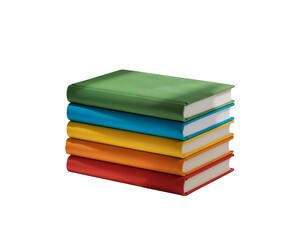 Stack of Six Brightly Colored Hardcover Books — Green, Blue, Yellow, Orange, Red, and Green in Tilted Pile on Transparent Background Emphasizing Education and Academic Organization