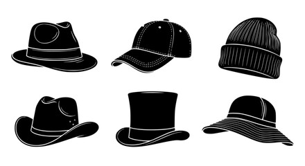 A curated collection of stylish hats, meticulously displayed as silhouette, offering versatile options for every occasion. vector illustration