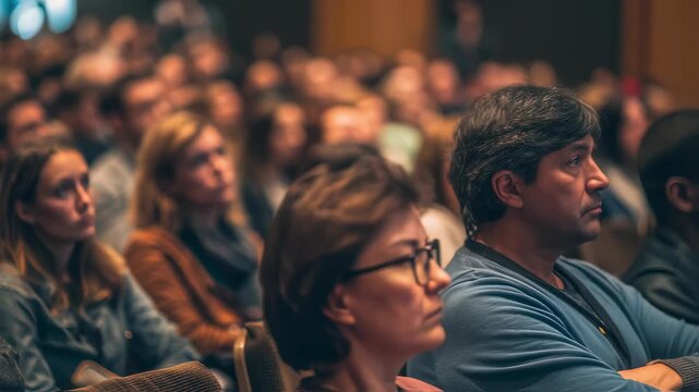 Audience listening attentively during a conference presentation indoors  