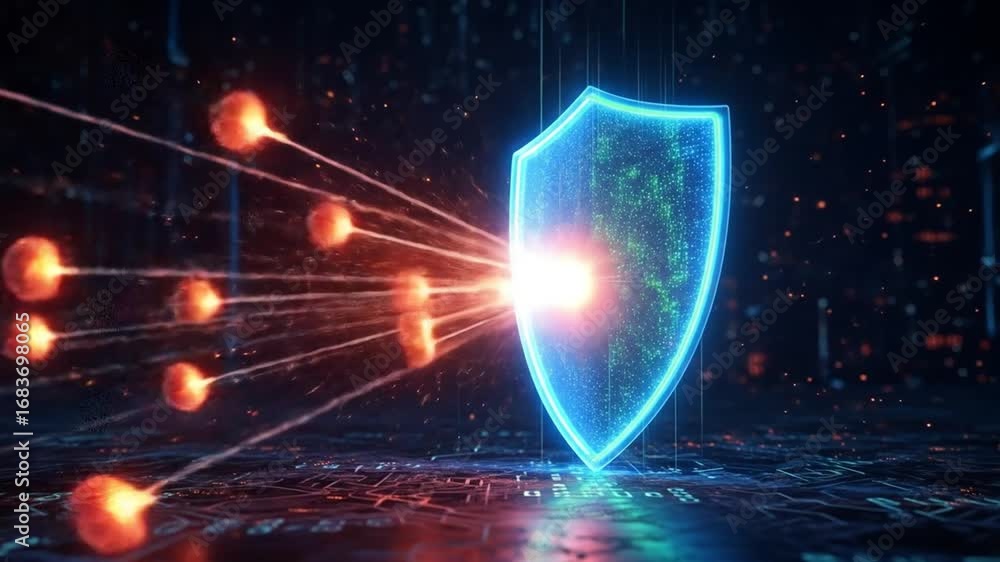 Aufkleber glowing blue shield deflecting orange spheres protecting digital data on a dark background with netw