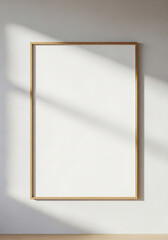 Blank vertical wooden picture frame mockup hanging on a wall with soft window shadows.