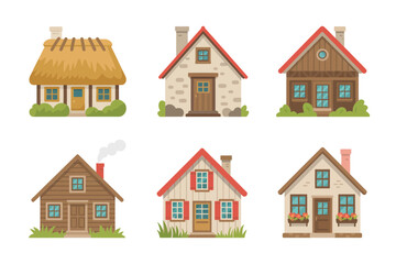 Charming country house illustrations, cottage style homes, rustic farmhouses, cozy village architecture, rural property icons, vintage design