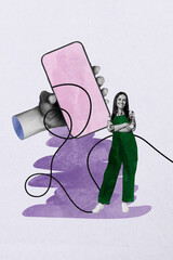 Banner 3d image pop vertical collage of happy businessman businesswoman stand hand hold phone...