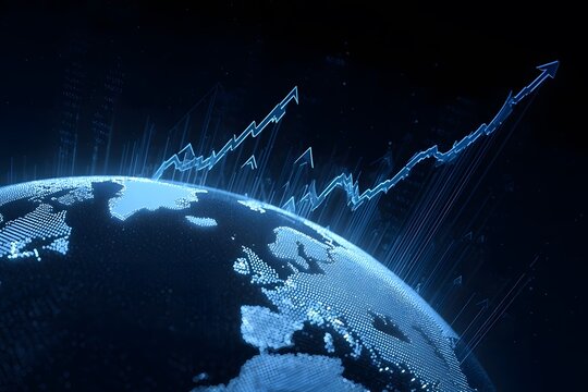 A stock market graph with an upward trend on the background of planet Earth, in a blue color theme, 
