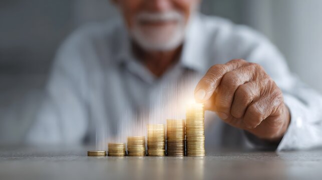 A senior hand diligently stacks golden coins symbolizing financial growth secure retirement planning and a prosperous future