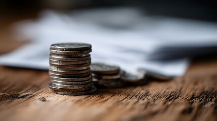 Stacked coins on a textured wooden surface with additional scattered coins and blurred documents in the background symbolizing financial planning