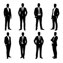 Elegant silhouettes of business professionals exude confidence and sophistication, striking various poses and embodying the essence of corporate style.  vector illustration