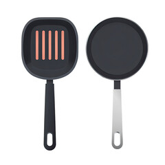 Two cartoon-style frying pans, one with cooked sausages