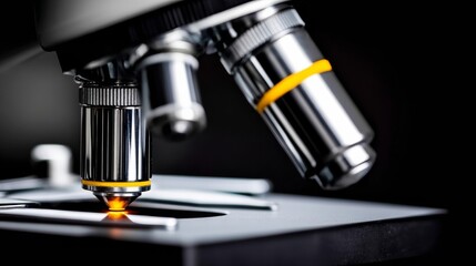 An optical microscope with yellow-ringed lenses and illumination base for specimen observation,