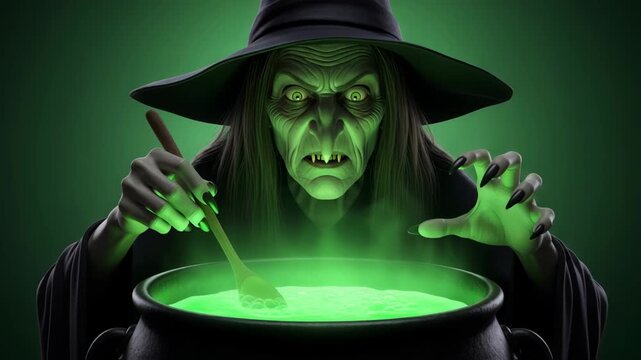 Sinister witch is stirring a cauldron filled with glowing green liquid, surrounded by mist and shadows, creating an atmosphere of Halloween enchantment and intrigue