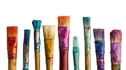 Assorted paintbrushes, various colors, in a horizontal row.  The bristles of each brush show traces of colorful paint.  Wooden brush handles, different shades.  Close-up view