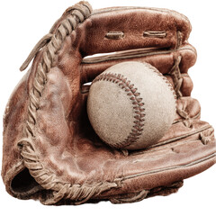 Aged baseball glove holding a ball