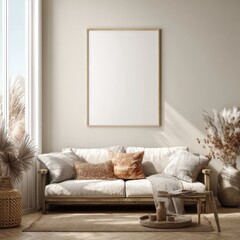 Elegant neutral living space with blank wall frame mockup, bohemian furniture style, beige and gray muted tones, soft daylight shadows, perfect mockup for displaying artwork, posters and creative desi