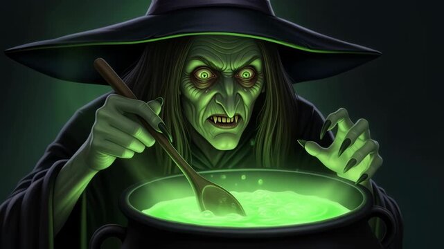 Sinister witch is stirring a cauldron filled with glowing green liquid, surrounded by mist and shadows, creating an atmosphere of Halloween enchantment and intrigue