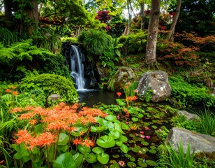 Lush garden with waterfall and pond