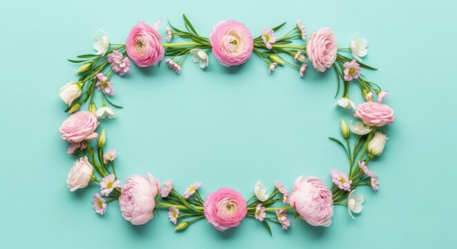 Beautiful oval floral frame made of pink ranunculus and tulips with green leaves on a teal background, perfect for spring and Easter greetings
